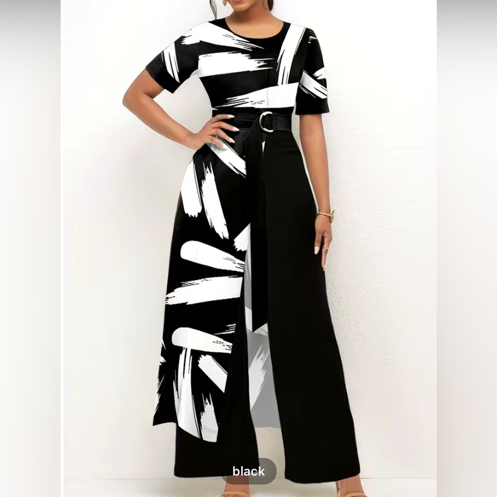 Black and white brush print jumpsuit